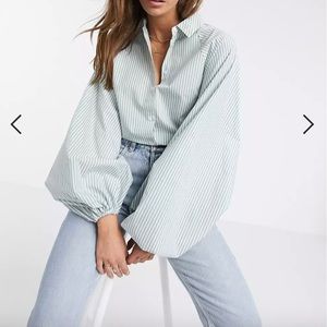 ASOS Design Long Volume Sleeve Cotton Shirt in Stripe Print (Green and White)